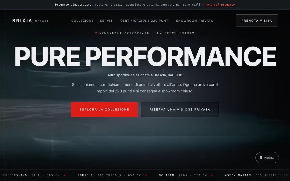 La home page del sito Brixia Motori: scritta PURE PERFORMANCE su un video scuro di un'auto sportiva