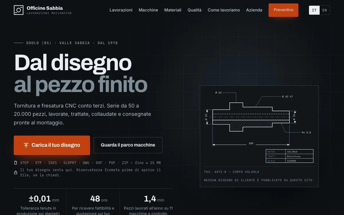 La home page del sito Officine Sabbia: titolo «Dal disegno al pezzo finito» su fondo scuro, accanto a un disegno tecnico quotato