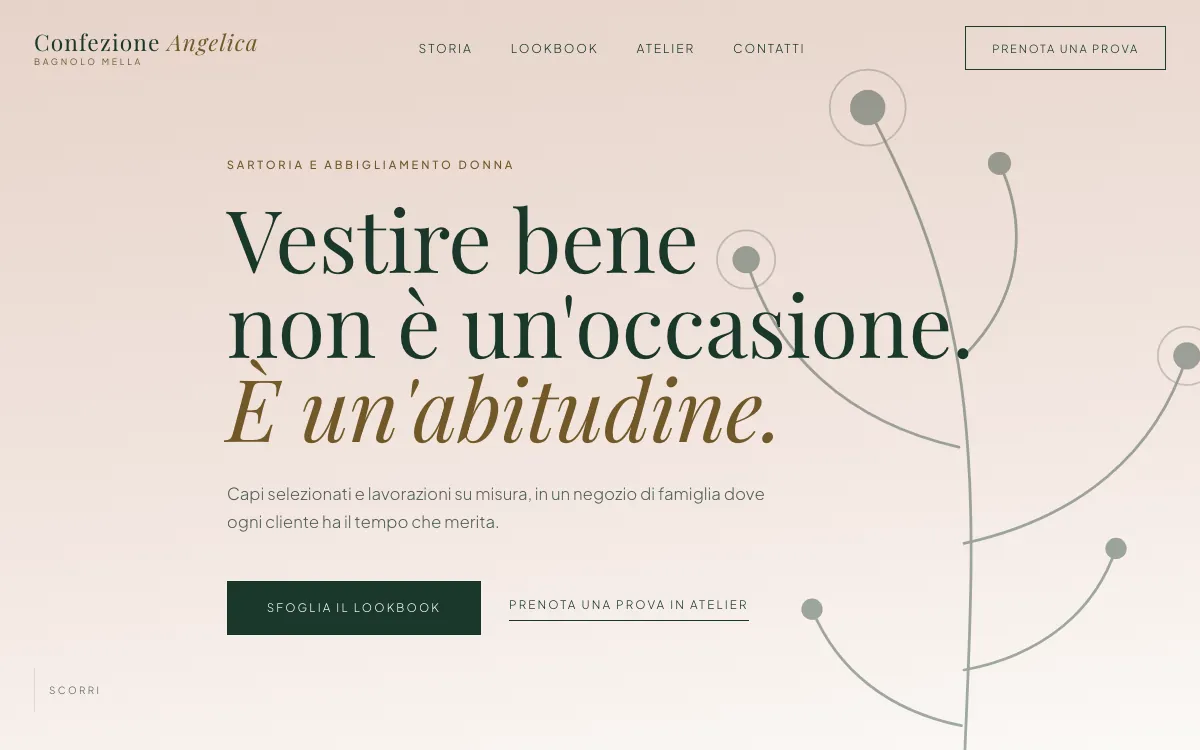 La home page del sito Confezione Angelica: titolo «Vestire bene non è un'occasione» su fondo rosa cipria