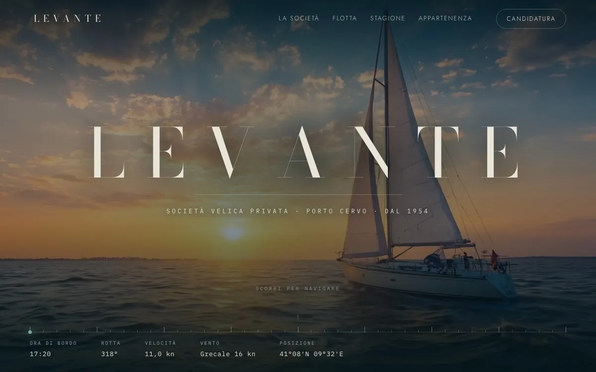 La home page del sito Levante: una barca a vela al tramonto con il nome LEVANTE in grande