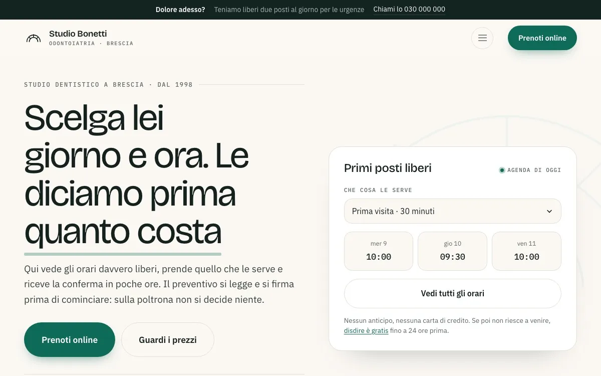 La home page del sito Studio Bonetti: titolo «Scelga lei giorno e ora» accanto a una scheda con i primi orari liberi