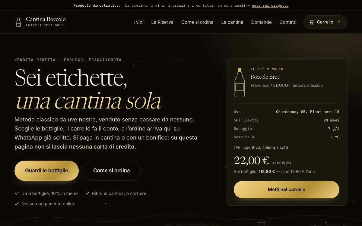 La home page del sito Cantina Roccolo: titolo «Sei etichette, una cantina sola» su fondo scuro, accanto alla scheda di una bottiglia con il pulsante del carrello