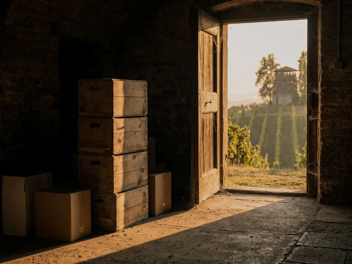 Casse di legno impilate accanto alla porta aperta della cantina, con la luce del pomeriggio sul pavimento
