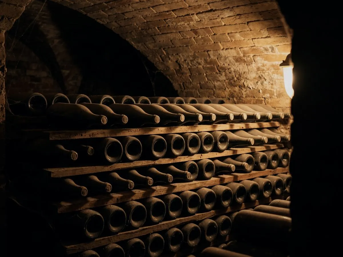 Bottiglie coricate a cataste su listelli di legno in cantina, illuminate di taglio da una lampada calda