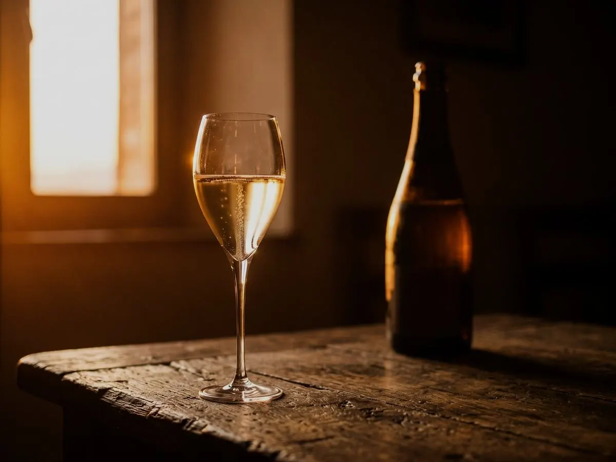 Un calice di Franciacorta in controluce su un tavolo di legno, accanto a una bottiglia senza etichetta
