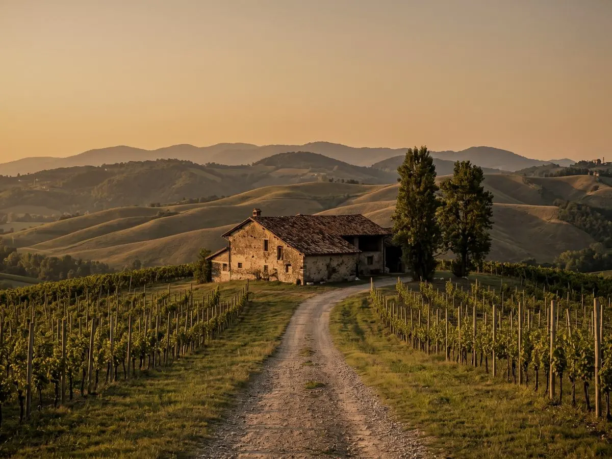 La strada di campagna fra due vigneti che porta al cascinale in pietra