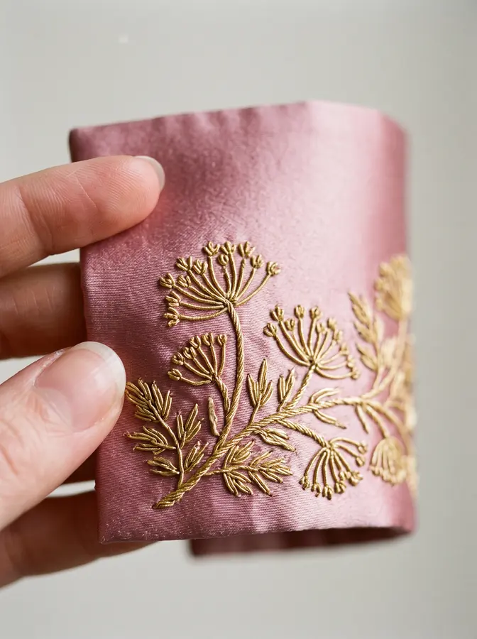Dettaglio ravvicinato di un ricamo dorato su raso rosa, tenuto in mano