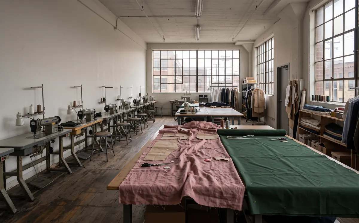 Veduta d'insieme del laboratorio con i tessuti stesi sui banchi